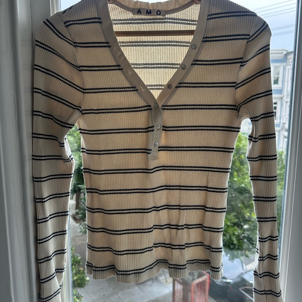 AMO Cream and Navy Striped Fitted Long Sleeve Shirt